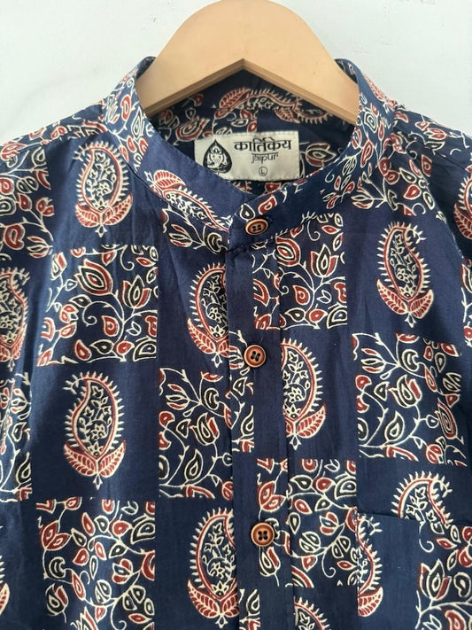 Floral Print Mandarin Collar Cotton Shirt for Men