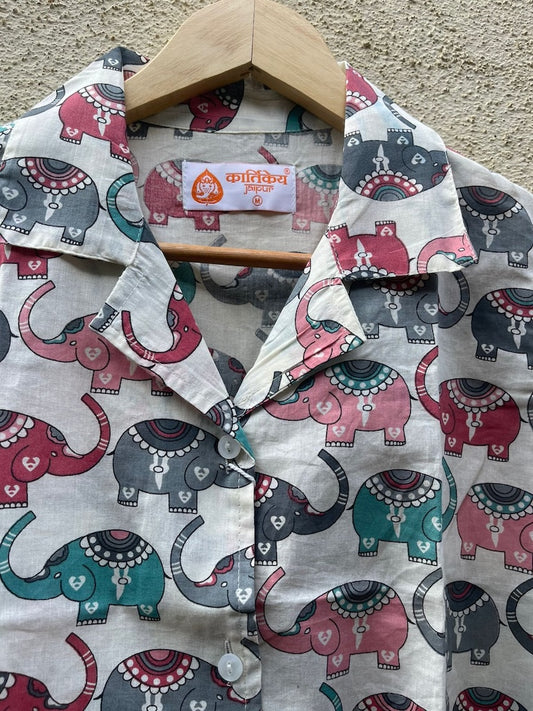 Elephant Print Full Sleeve Cotton Shirt for Women