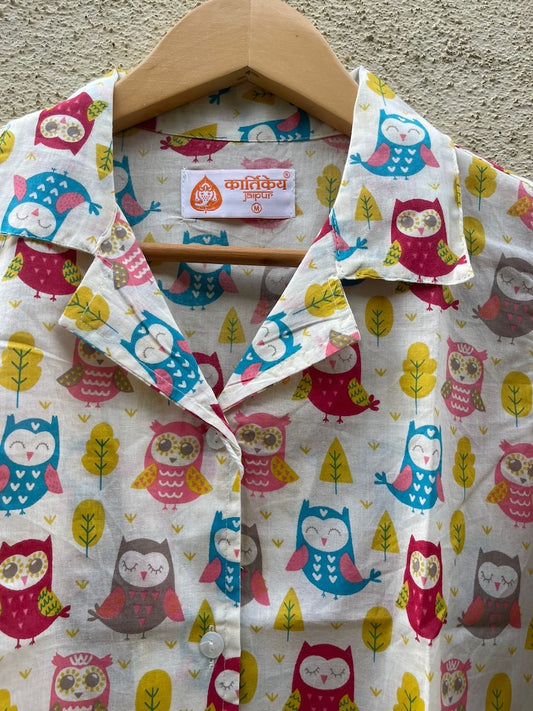 Cute Owl Print Full Sleeve Cotton Shirt for Womens