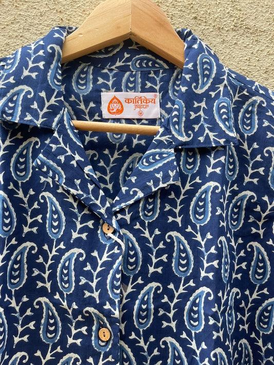 Classic Indigo Print Full Sleeve Cotton Shirt for Womens