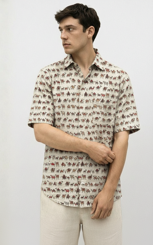 Camel Printed Half Sleeves Shirt for Men
