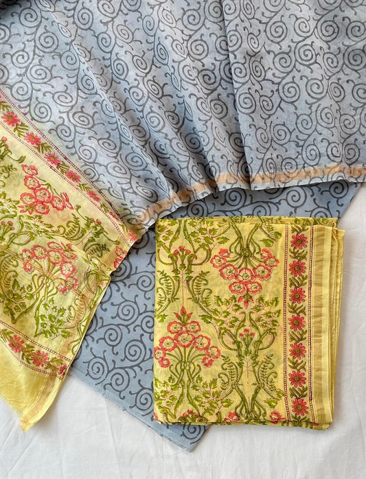 Unstitched Hand Block Print Chanderi Silk Suit