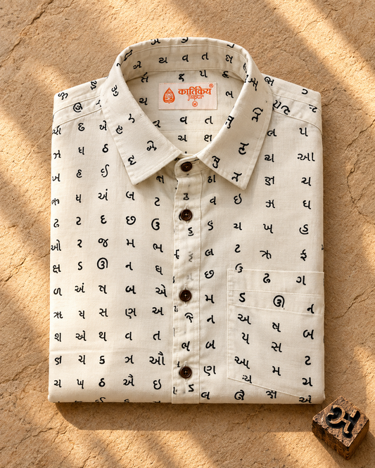 Classic Gujrati Alphabet Print Cotton Men's Half Shirt