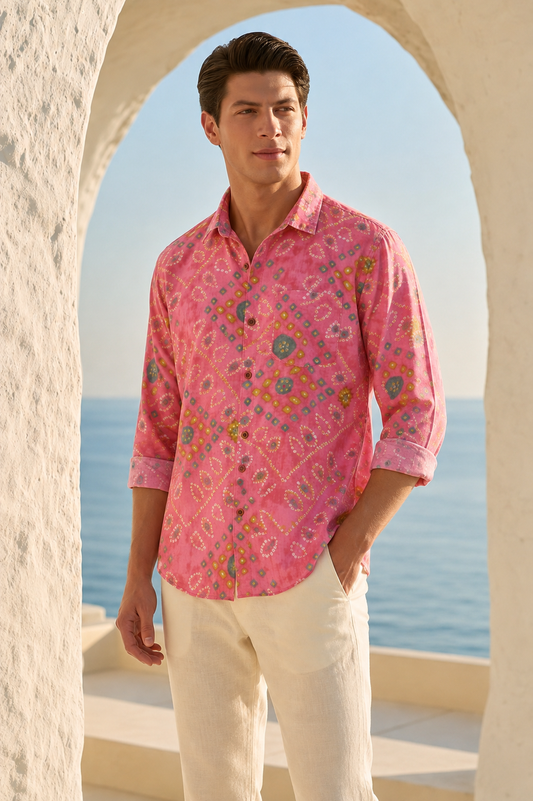 Peach Bandhej Cotton Full Sleeve Shirt for Men