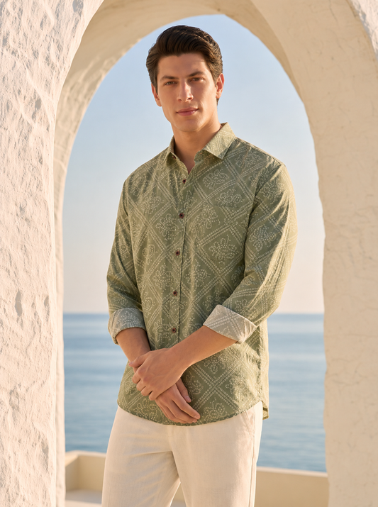 Bandhej Full Sleeves Printed Shirt For Men (Granite Green)