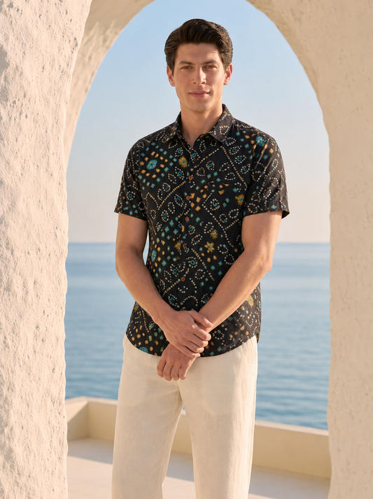 Cotton Black Half Sleeve Bandhej Shirt for Men