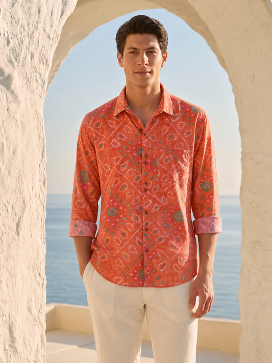 Orange Bandhej Cotton Full Sleeve Shirt for Men