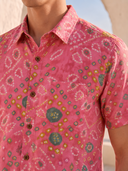 Cotton Peach Half Sleeve Bandhej Shirt for Men
