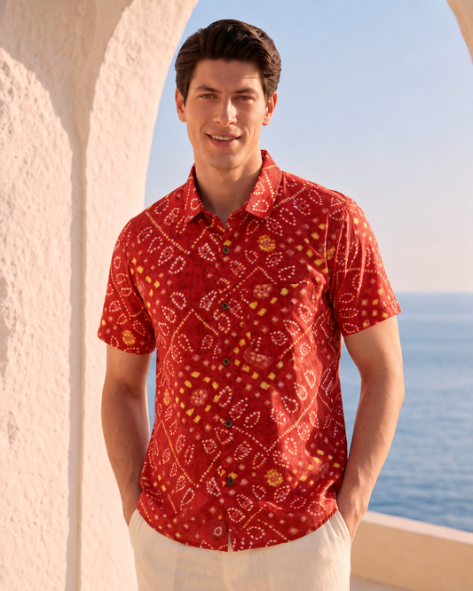 Red Bandhej Print Men's Cotton Shirt by Kartikeya Jaipur