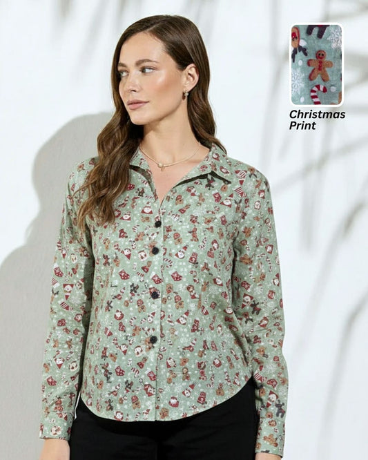 Christmas Print Full Sleeve Cotton Shirt for Womens