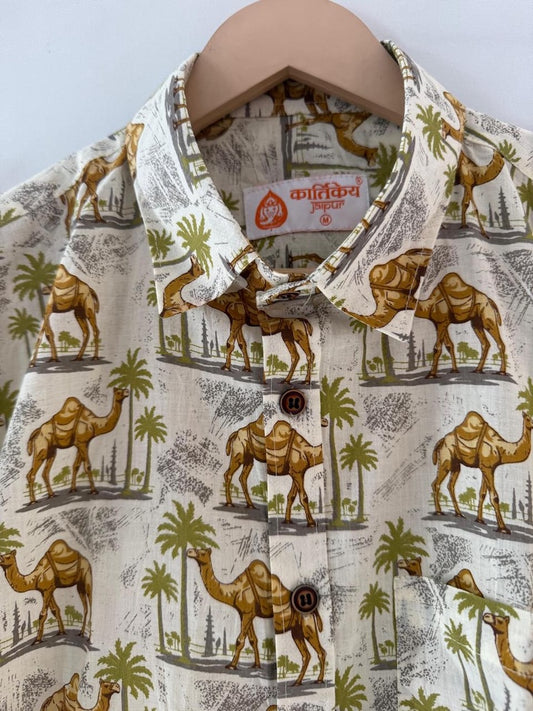 Traditional Camel Print Cotton Half Sleeve Shirt for Men