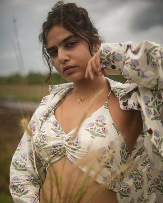 Cotton Women Floral Print Shirt with Bralette Combo