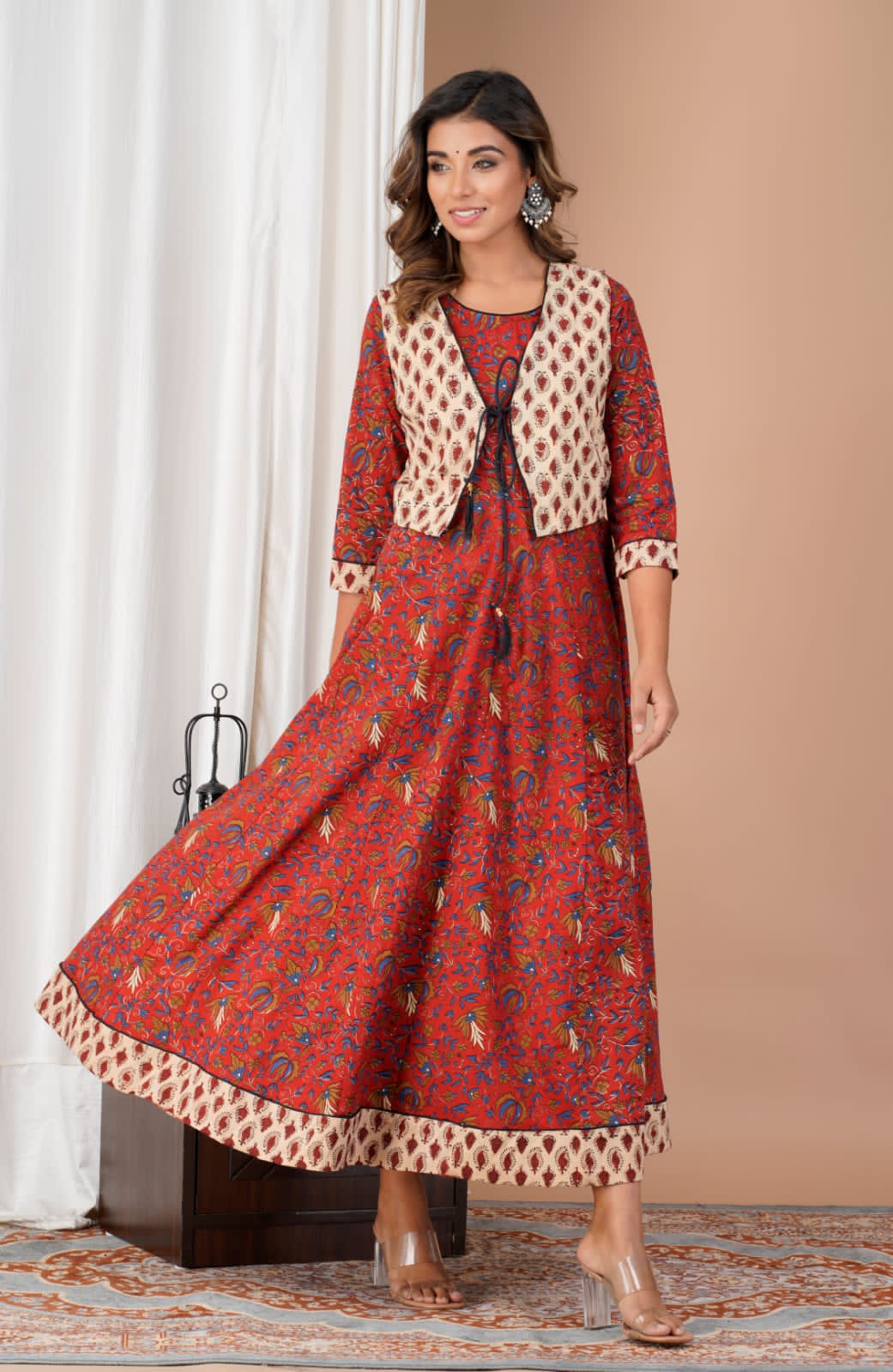 Knee Length Sleeveless Gown With Jacket Traditional Short Ethnic Jacket For Women Lable Rahul Singh Hand Block Printed Cotton Anarkali Dress With Knee Length Sleeveless Gown With Jacket Traditional Short Ethnic Jacket For Women Lable Rahul Singh Hand Block Printed Cotton Anarkali Dress With