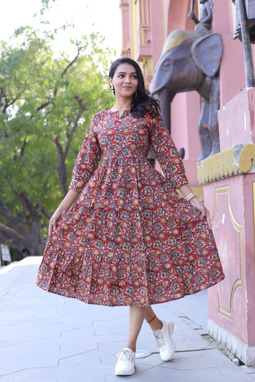 Bagru Hand Block Printed Cotton Frill Dress XXL