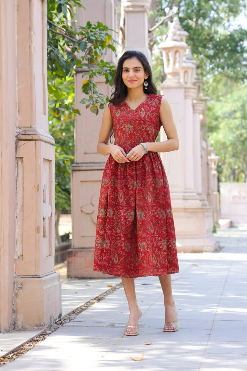Hand Block Printed Cotton Sleeveless Dress M Hand Block Printed Cotton Sleeveless Dress M