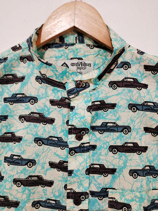 Vintage Car Print Half Sleeve Cotton Shirt For Men's - Mandarin Collar