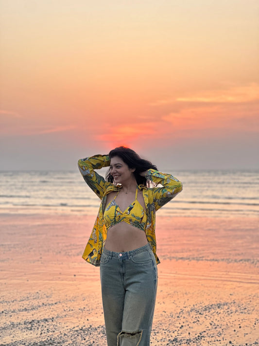 Jungle Print Shirt & Bralette Combo Set - Yellow