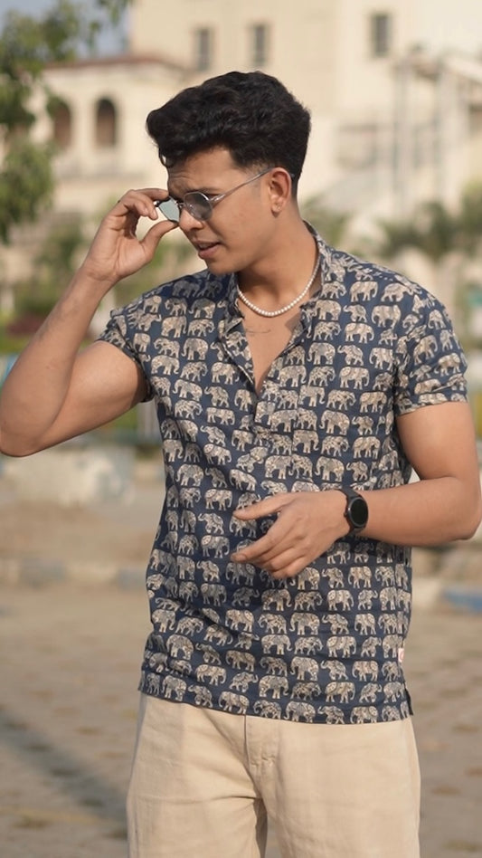 Elephant Print Half Sleeve Cotton Short Kurta for Men