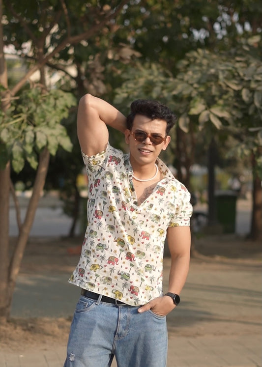Small Elephant Print Half Sleeve Cotton Short Kurta for Men