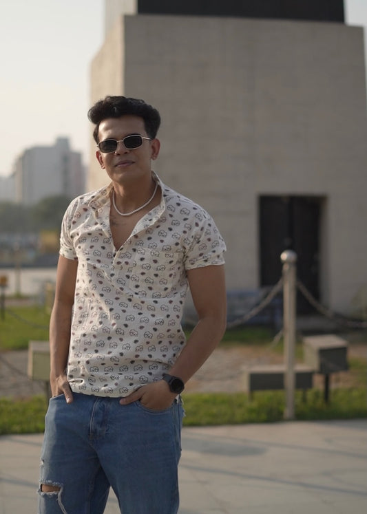 Small Elephant Print Half Sleeve Cotton Short Kurta for Men - Brown