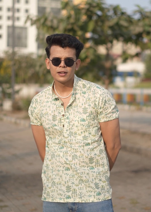 Tribal Print Half Sleeve Cotton Short Kurta for Men