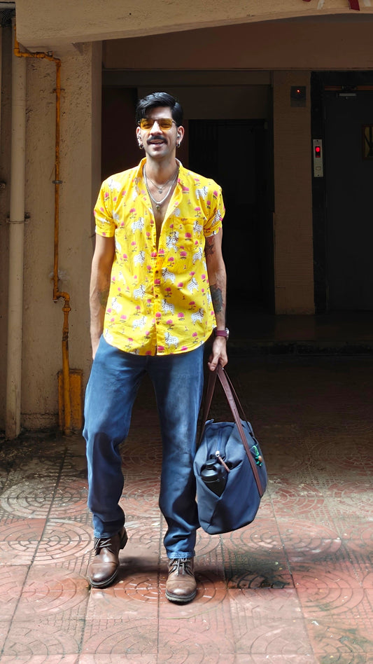 Mens Pichwai Yellow Cow Print Cotton Shirt