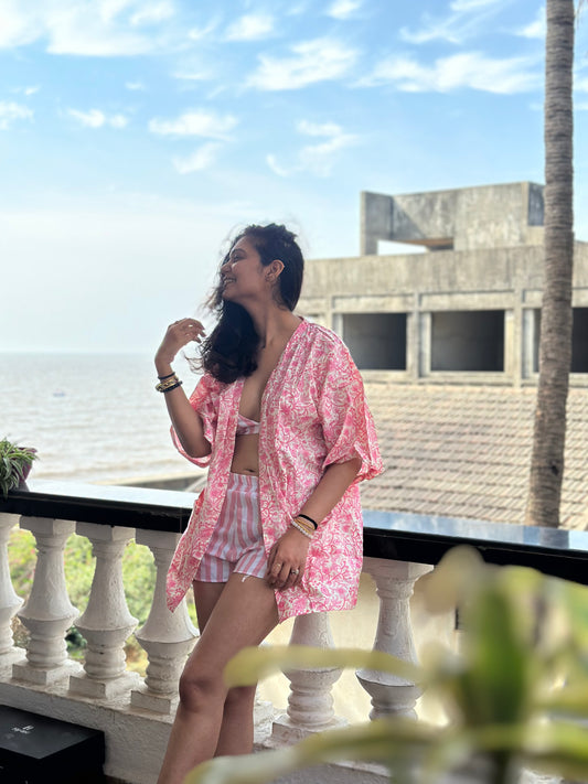 Pink Cotton Kimono for Women - Free Size