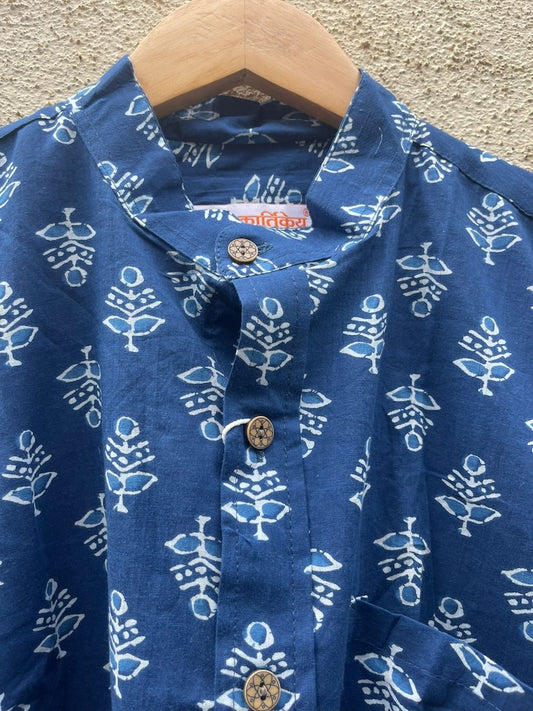 Classic Indigo Print Mandarin Collar Cotton Shirt for Men