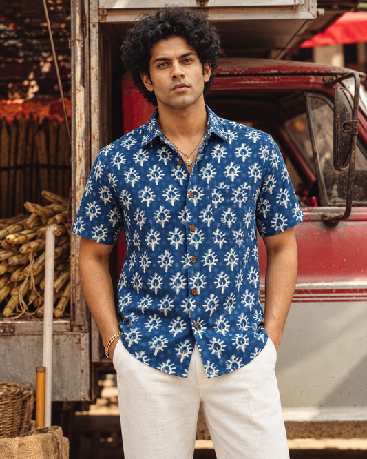 Kartikeya Jaipur Natural Print Indigo Half Sleeves Shirt -Organic ( Pre Book - Dispatch by 6TH NOV )
