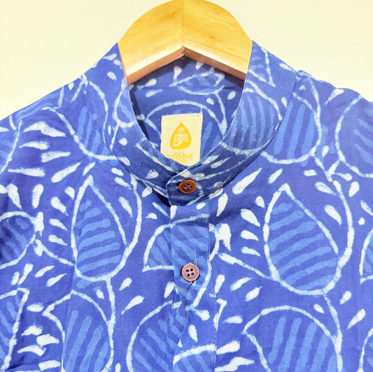 Indigo Print Half Sleeve Cotton Short Kurta for Men
