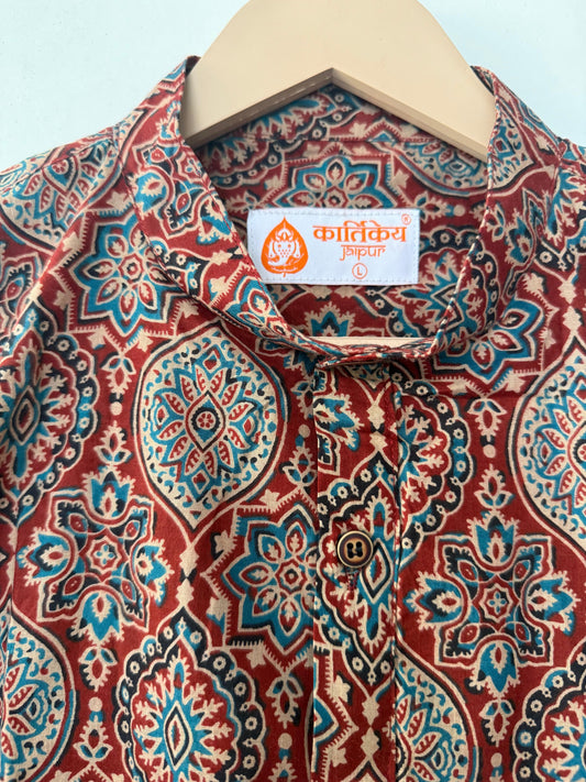 Ajrakh Print Half Sleeve Cotton Short Kurta for Men