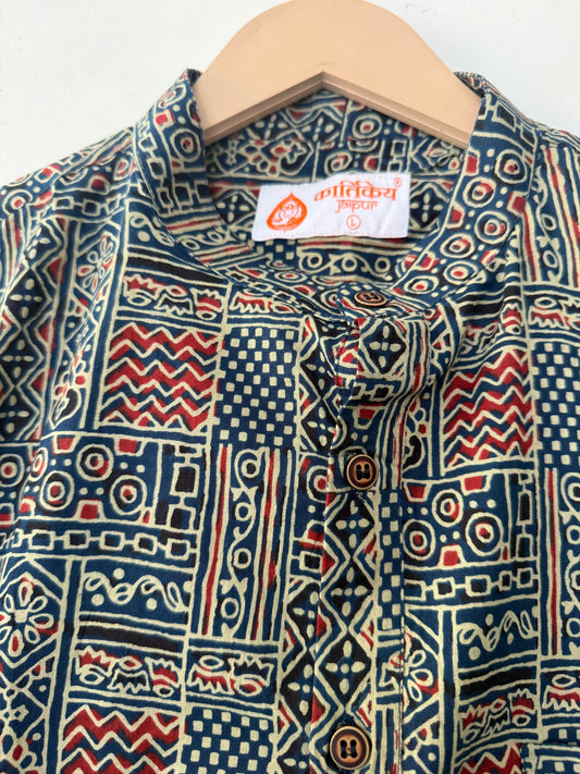 Ajrakh Print Half Sleeve Cotton Short Kurta for Men