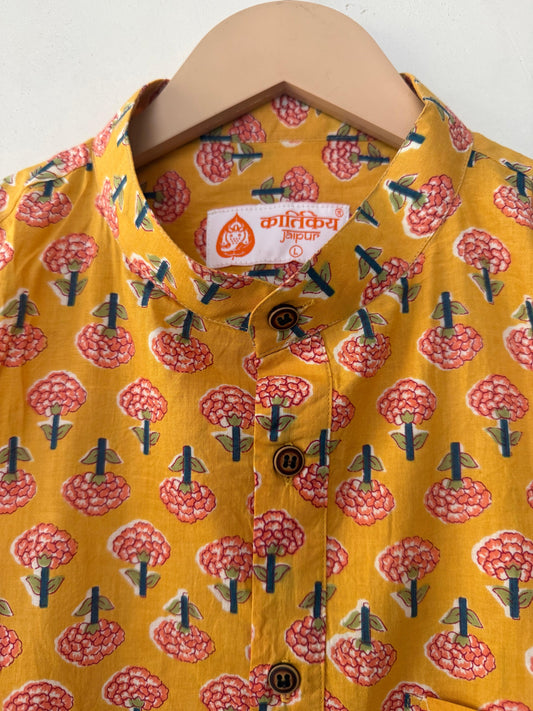 Floral Print Half Sleeve Cotton Short Kurta for Men