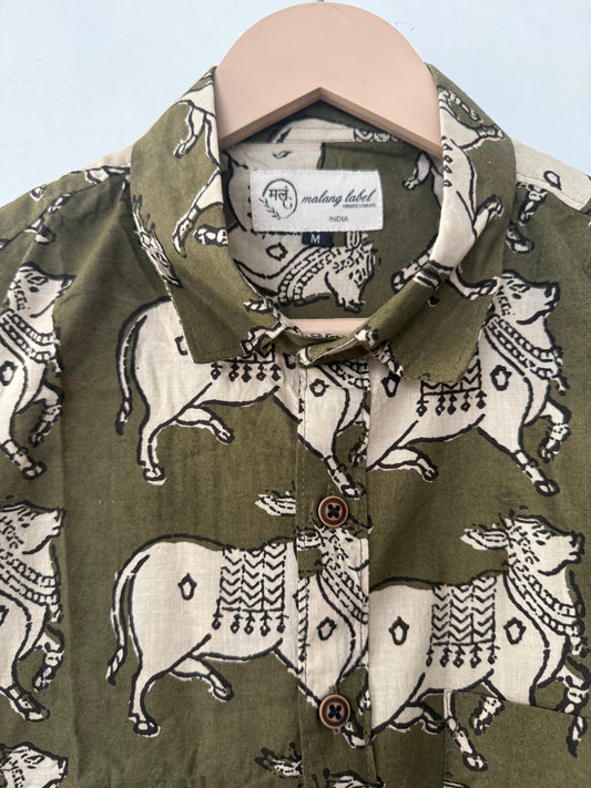 Mens Pichwai Cow Block Print Cotton Shirt By Malang Label