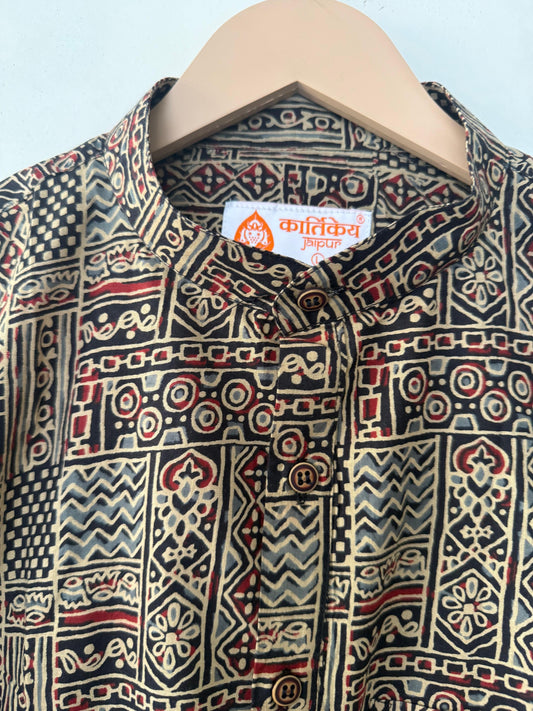 Ajrakh Print Half Sleeve Cotton Short Kurta for Men