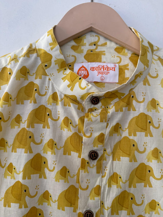 Cute Elephant Print Half Sleeve Cotton Short Kurta for Men