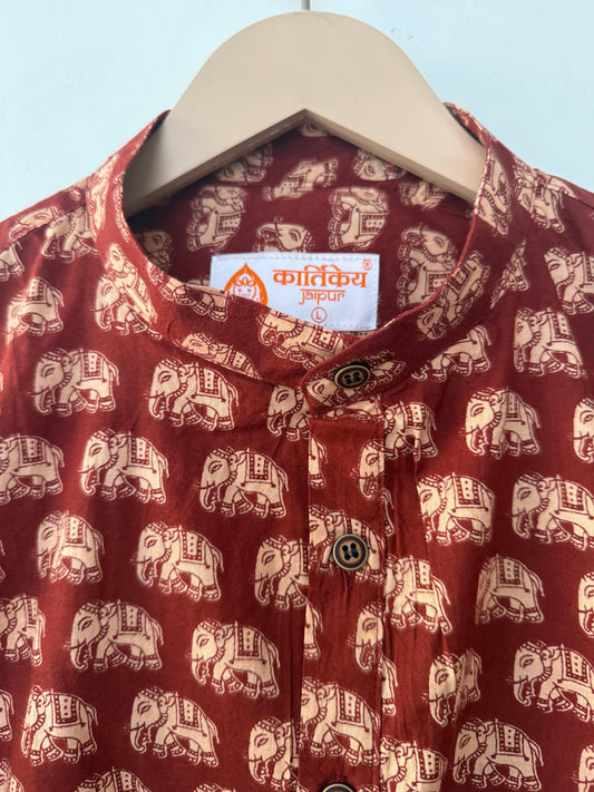 Cute Elephant Print Half Sleeve Cotton Short Kurta for Men