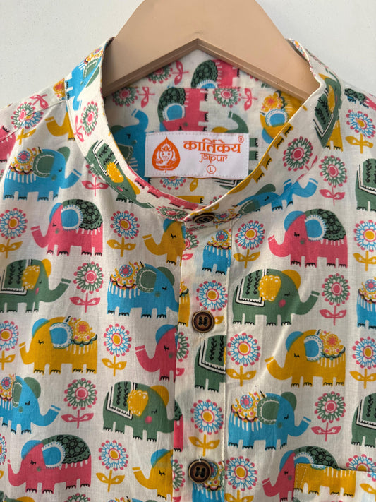 Cute Elephant Print Half Sleeve Cotton Short Kurta for Men