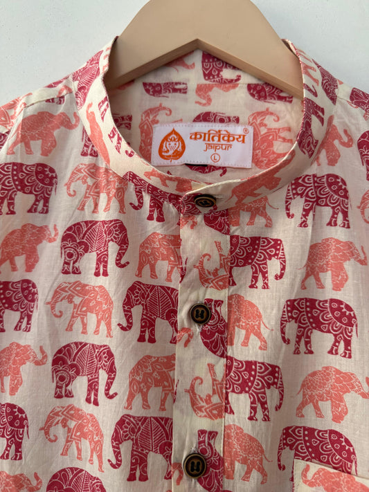 Cute Elephant Print Half Sleeve Cotton Short Kurta for Men