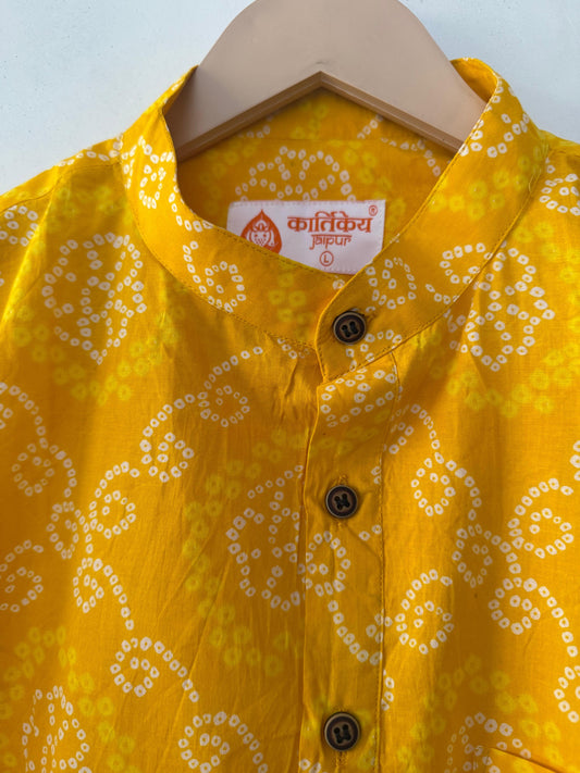 Bandhej Print Half Sleeve Short Kurta for Men - Haldi Ceremony