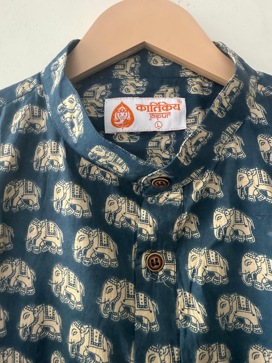 Cute Elephant Print Half Sleeve Cotton Short Kurta for Men