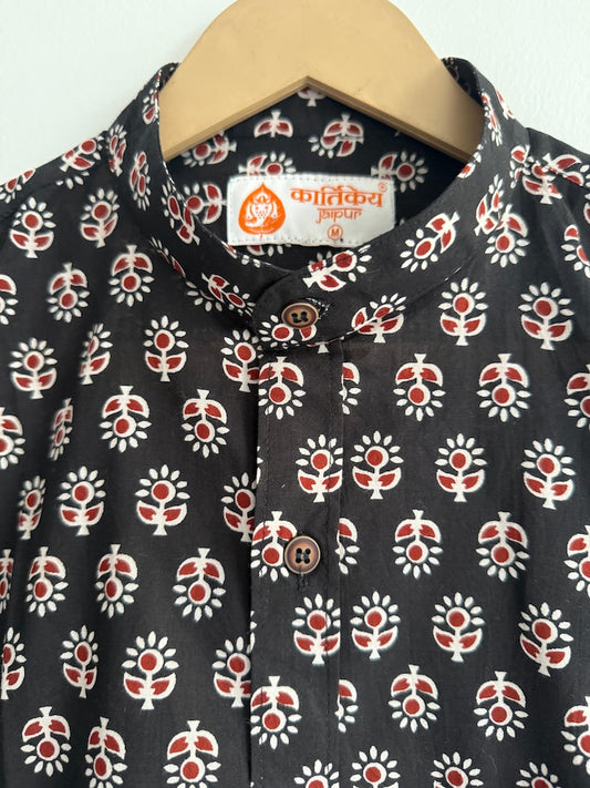Ajrakh Print Men's Half Sleeves Cotton Shirt -Mandarin