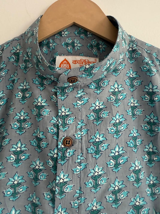 Ajrakh Print Men's Half Sleeves Cotton Shirt -Mandarin