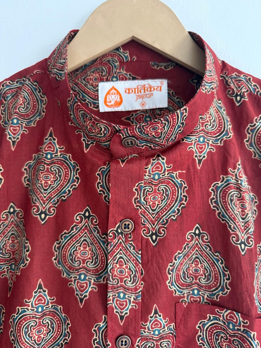 Ajrakh Print Men's Half Sleeves Cotton Shirt -Mandarin