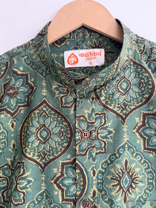Ajrakh Print Men's Half Sleeves Cotton Shirt -Mandarin