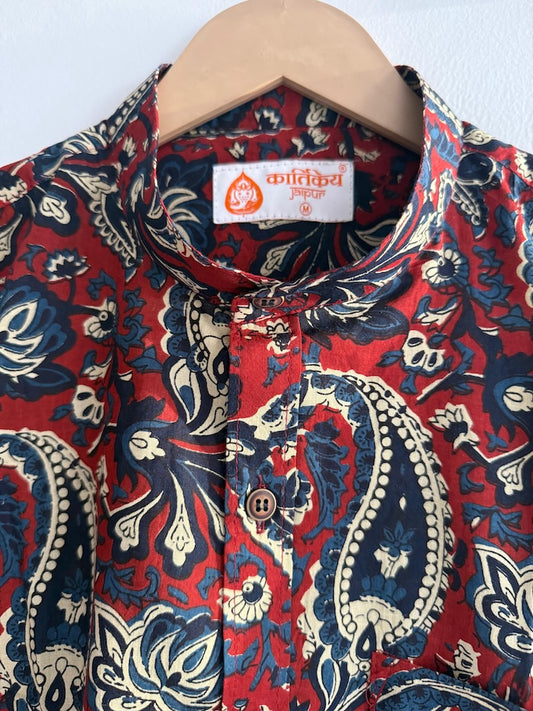 Men's Half Sleeves Ajrakh Print Cotton Shirt -Mandarin