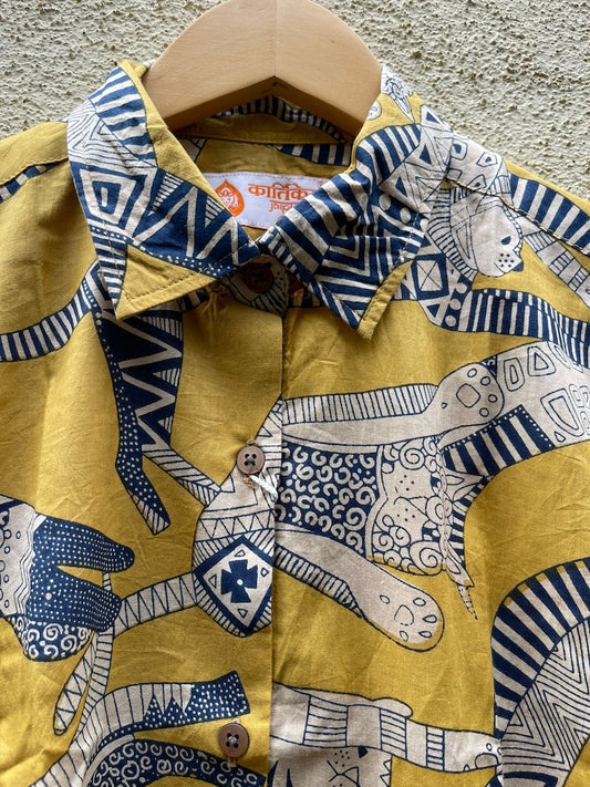 Sphynx Cat Print Cotton Mustard Shirt for Women