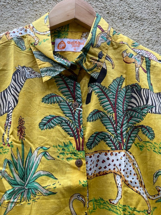Yellow Jungle Print Full Sleeve Cotton Shirt for Womens