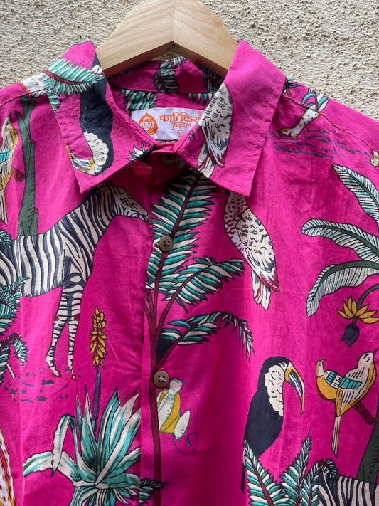 Pink Jungle Print Vintage Full Sleeve Men's Shirt