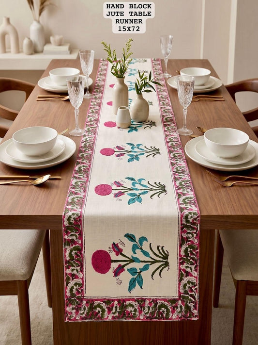 Hand Block Printed Jute Table Runner ( 6 Seater )